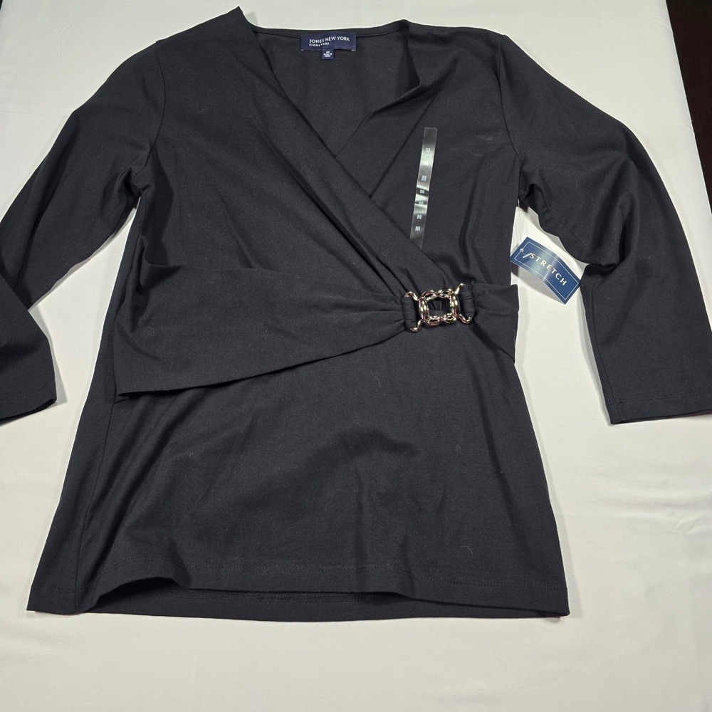 Jones New York Black Wrap Top Buckle Long Sleeve Blouse Medium nwt